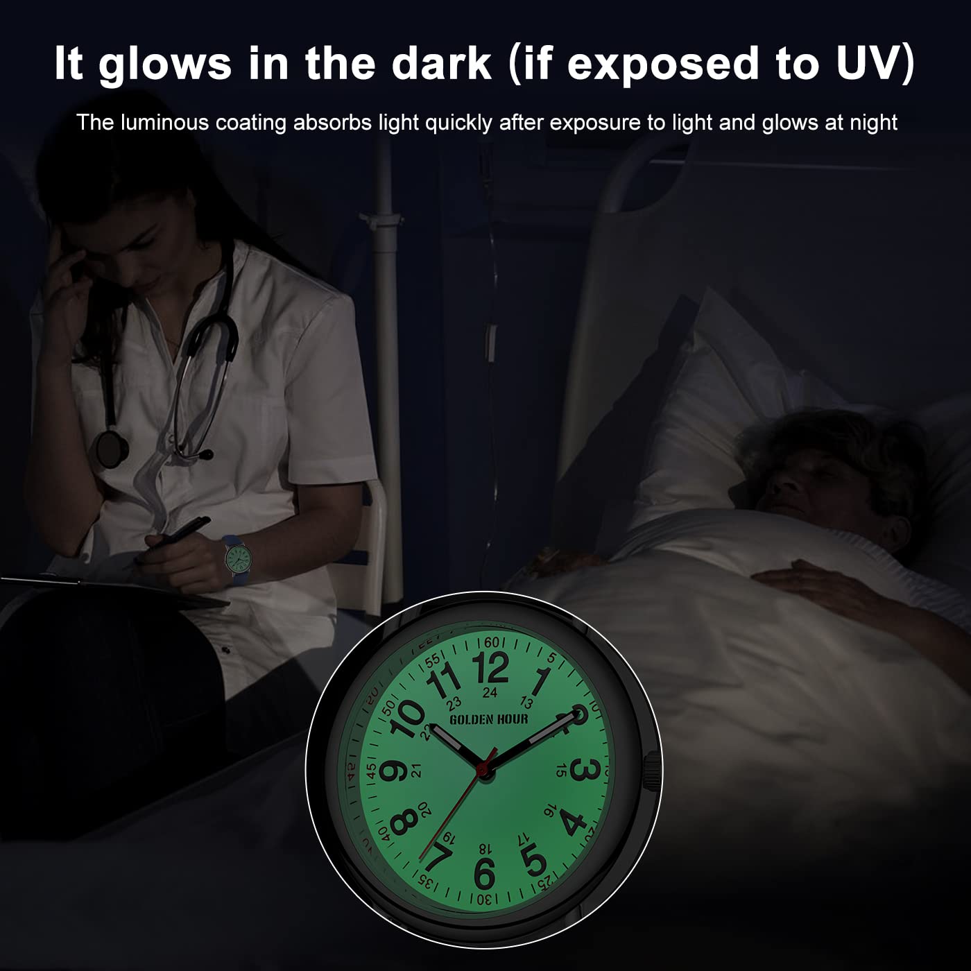 Golden Hour Waterproof Nurse Watch 38mm 24 Hour Luminous Dial Red Second Hand Silicone Band Navy Blue - View 3 of 8