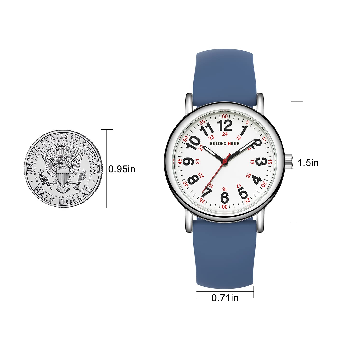 Golden Hour Waterproof Nurse Watch 38mm 24 Hour Luminous Dial Red Second Hand Silicone Band Navy Blue - View 4 of 8