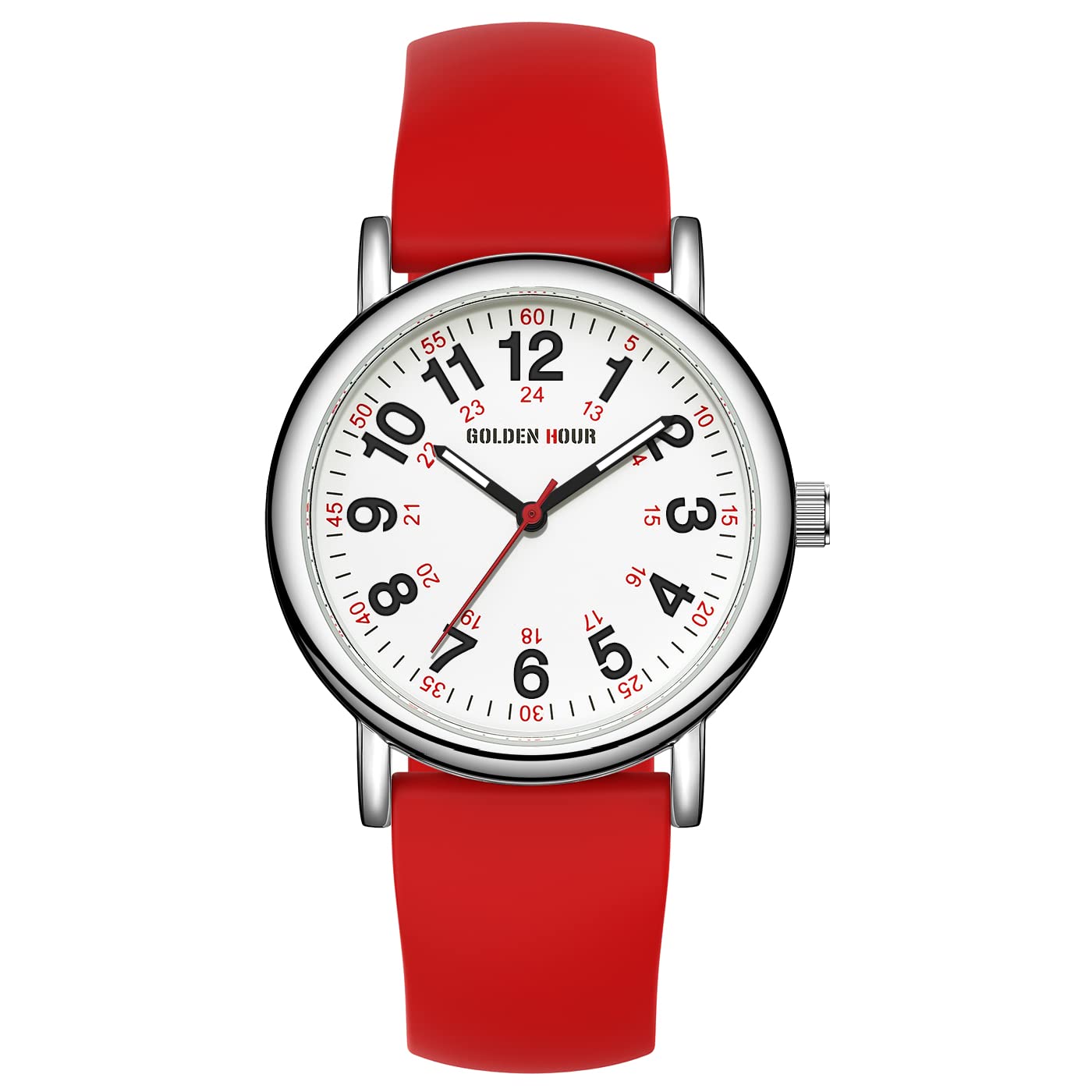 GOLDEN HOUR Waterproof Nurse Watch for Medical Professionals Unisex Analog Display Silicone Band 38mm Case Red - View 2 of 8