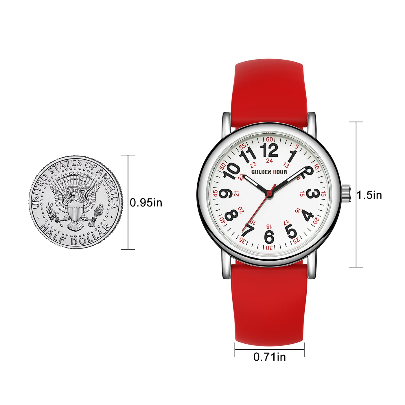 GOLDEN HOUR Waterproof Nurse Watch for Medical Professionals Unisex Analog Display Silicone Band 38mm Case Red - View 4 of 8