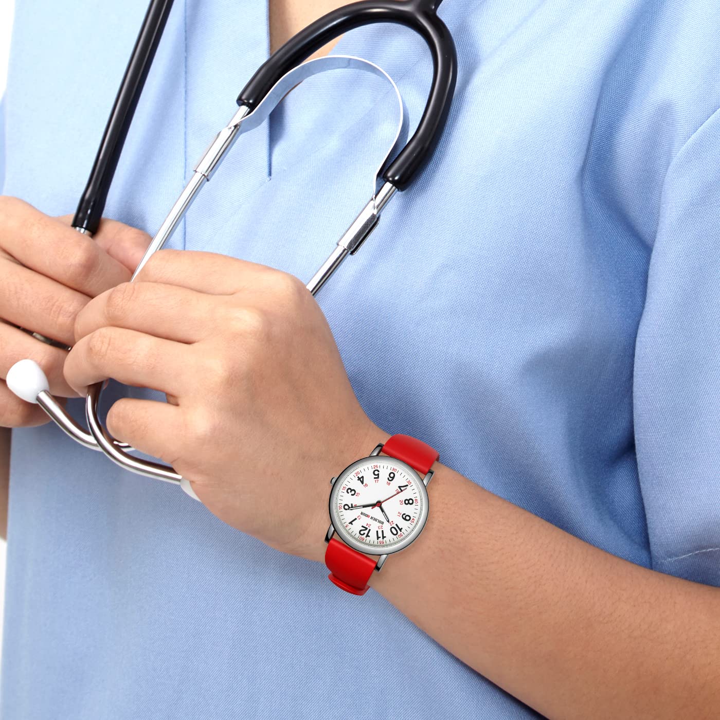 GOLDEN HOUR Waterproof Nurse Watch for Medical Professionals Unisex Analog Display Silicone Band 38mm Case Red - View 7 of 8