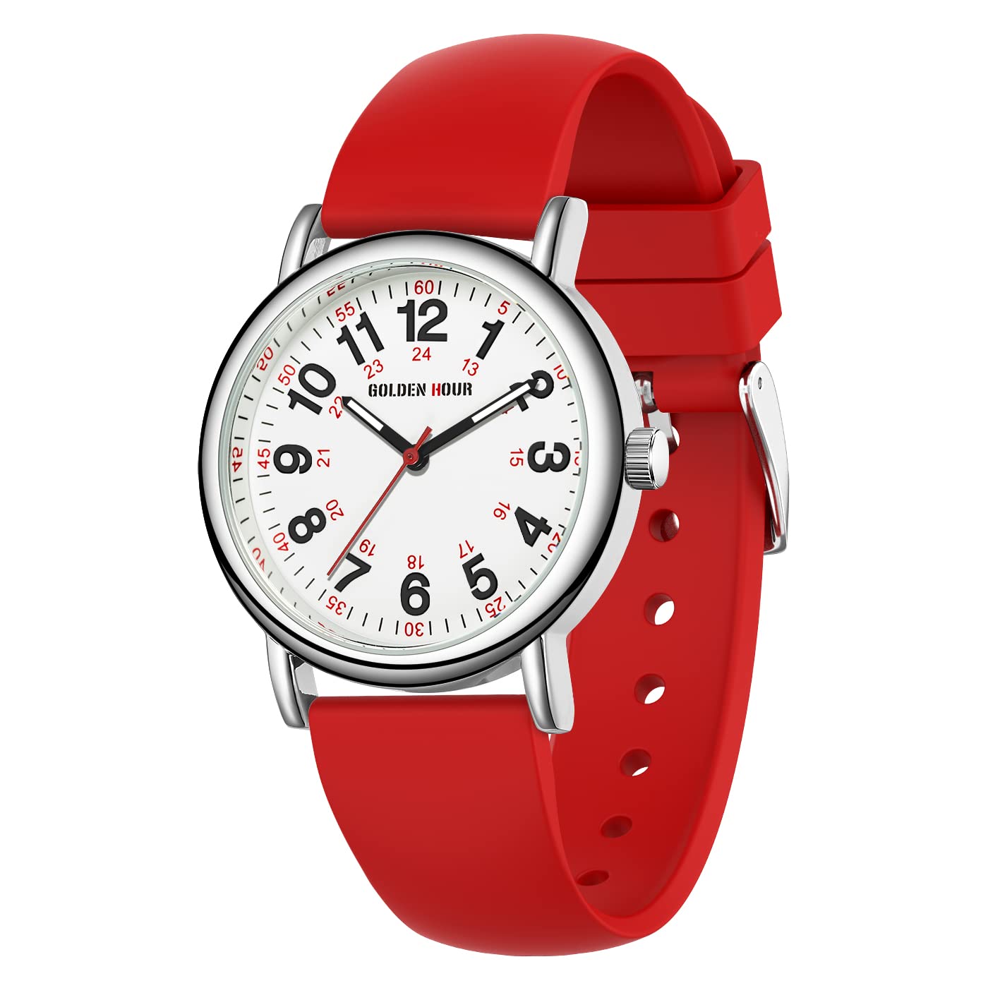 GOLDEN HOUR Waterproof Nurse Watch for Medical Professionals Unisex Analog Display Silicone Band 38mm Case Red