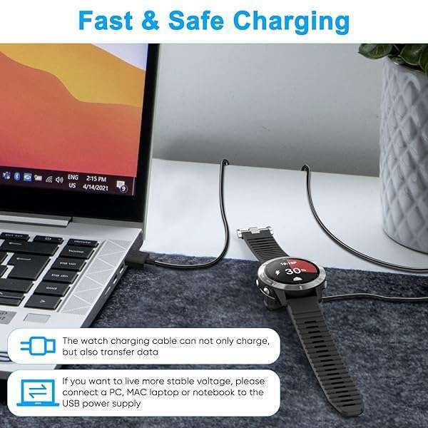 MENEEA 2 Pack Charging Cable Charger for Garmin Watch Fenix 7 7S 7X 6 6S 6X 5 5S, Forerunner 245 945, Instinct 2 2S, Vivoactive 4 4S 3, Vivosmart 5, 3.3FT/1m Upgraded Lay-flat Charging Cord for Garmin Watch - View 7 of 9