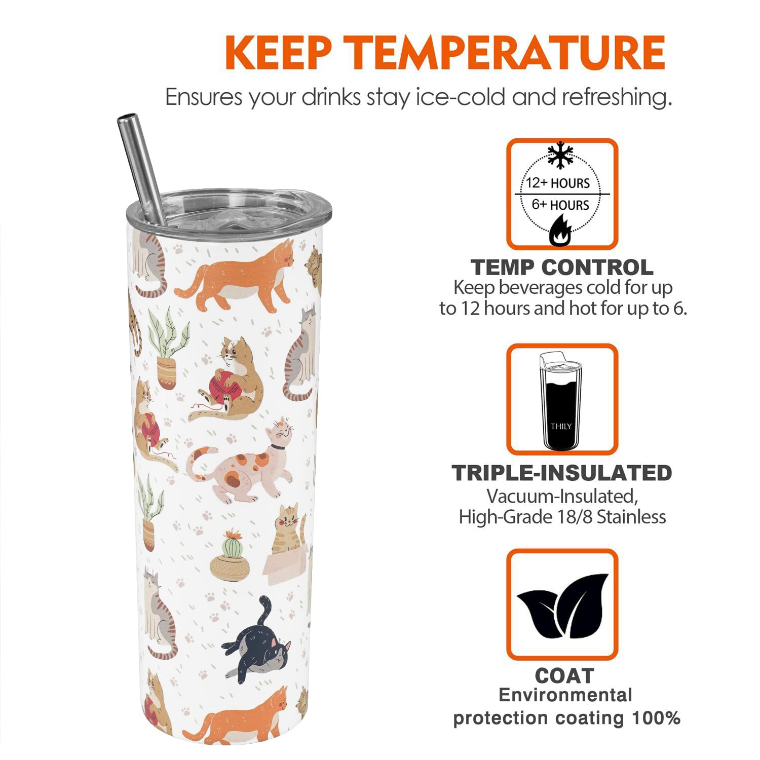 Heqianco Heqianco 20oz Cat Tumbler with Lid and Straw Insulated Stainless Steel Cat Gifts for Cat Lovers and Cat Moms Travel Coffee Mug - View 6 of 7