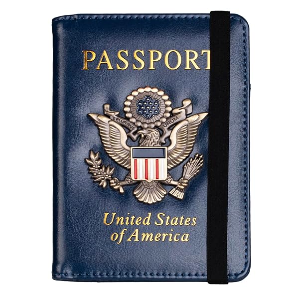 TOURSUIT TOURSUIT RFID Blocking Leather Passport Holder for Travel with 3D Metal Badge Dark Blue Travel Document Wallet for Men and Women