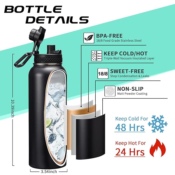 DIGJUPER DIGJUPER 40OZ Insulated Water Bottle with Auto Spout and Straw Lids BPA-Free Reusable Black Water Jug for Sports and Outdoor Activities - View 4 of 9