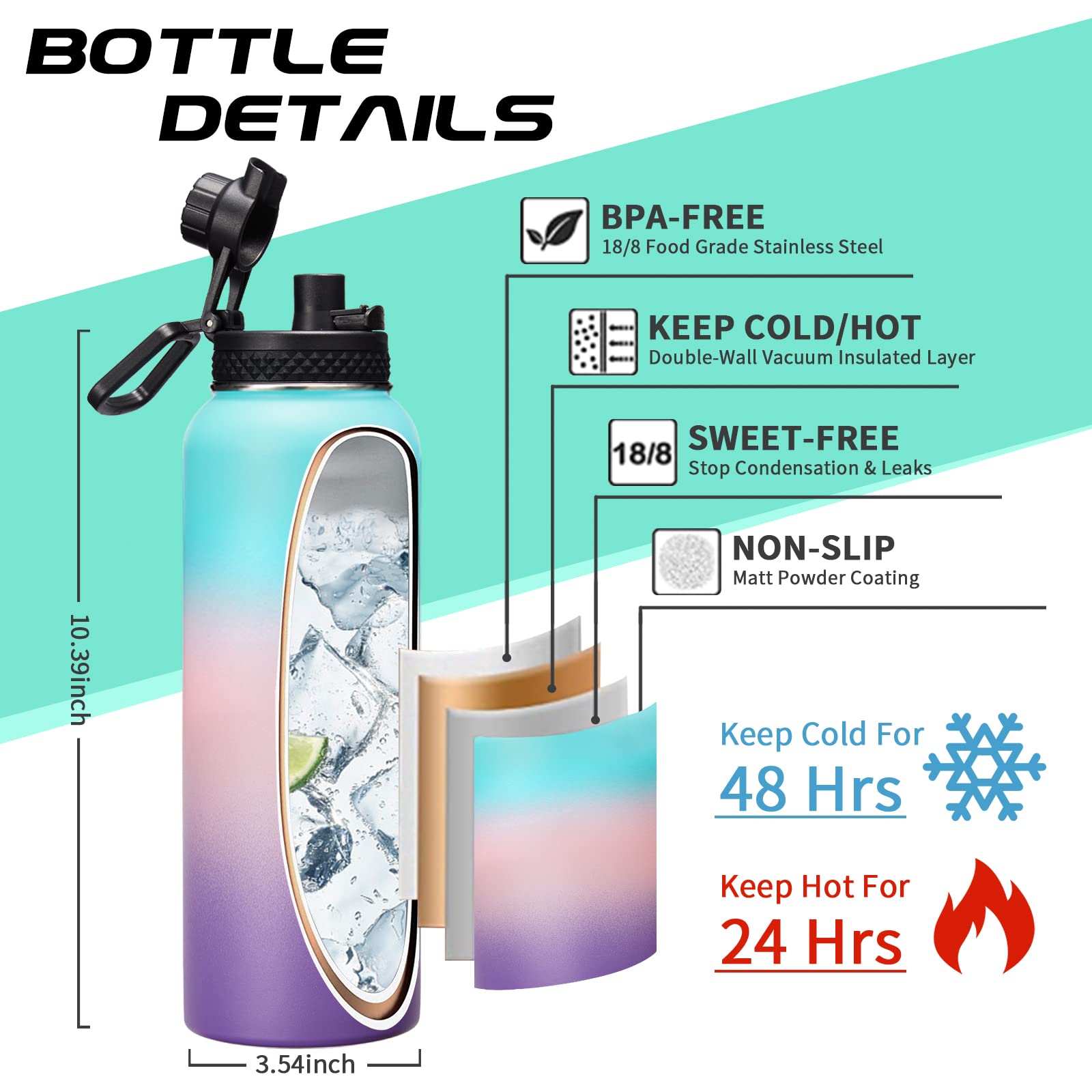 DIGJUPER 40oz Insulated Water Bottle with Straw Paracord Handle Keeps Drinks Cold for 48H Hot for 24H Ideal for Sports Hiking Cycling Running - View 4 of 8