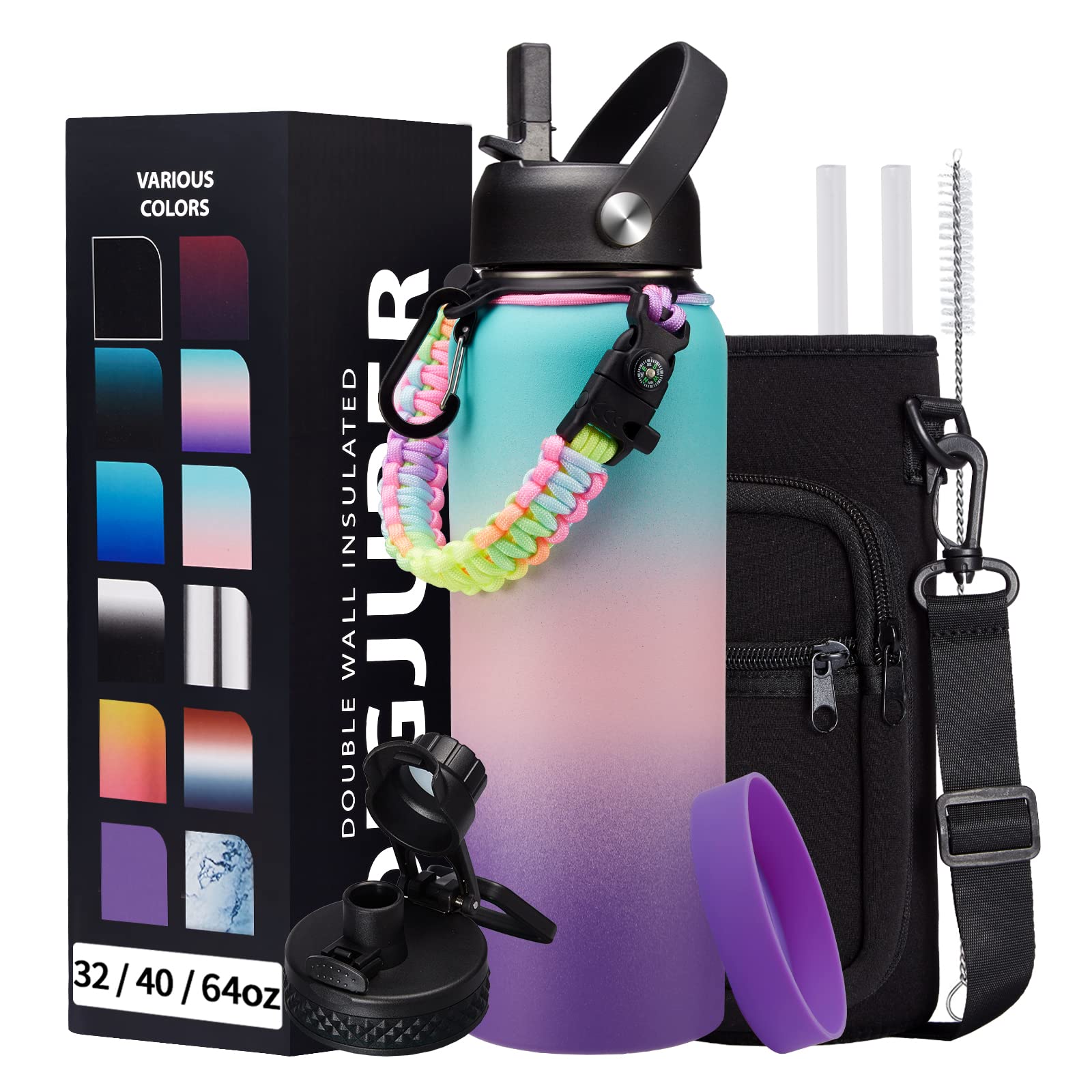 DIGJUPER 40oz Insulated Water Bottle with Straw Paracord Handle Keeps Drinks Cold for 48H Hot for 24H Ideal for Sports Hiking Cycling Running