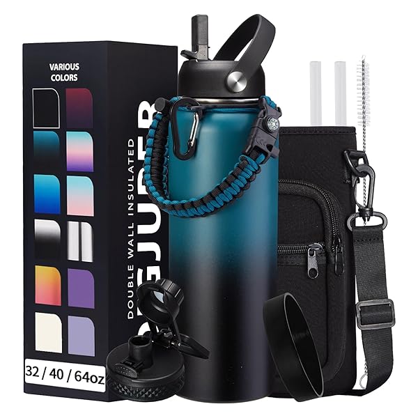DIGJUPER 40oz Vacuum Insulated Water Bottle with Straw and Spout Lids Paracord Handle and Shoulder Carrier Bag Stainless Steel Thermo Hydro Flask