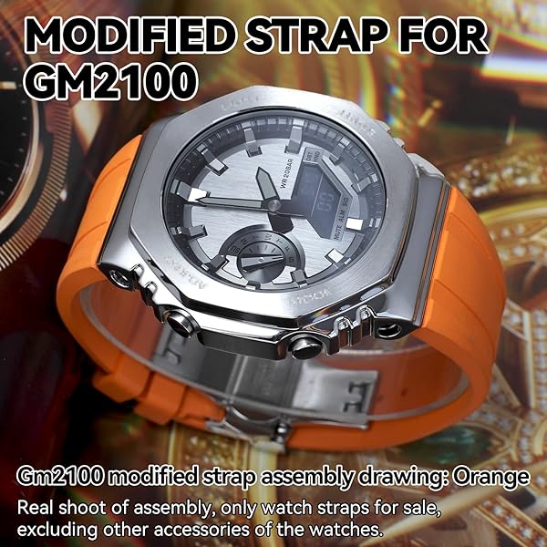 Korlexchi MOD Kit Fluororubber Strap for Casio G-Shock GM2100 - Orange Rubber Watchband with Silver Buckle & Tool - View 6 of 9