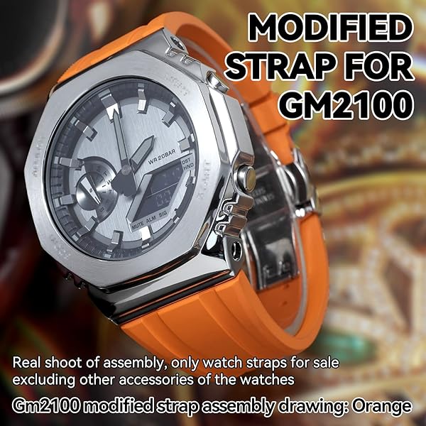 Korlexchi MOD Kit Fluororubber Strap for Casio G-Shock GM2100 - Orange Rubber Watchband with Silver Buckle & Tool - View 7 of 9
