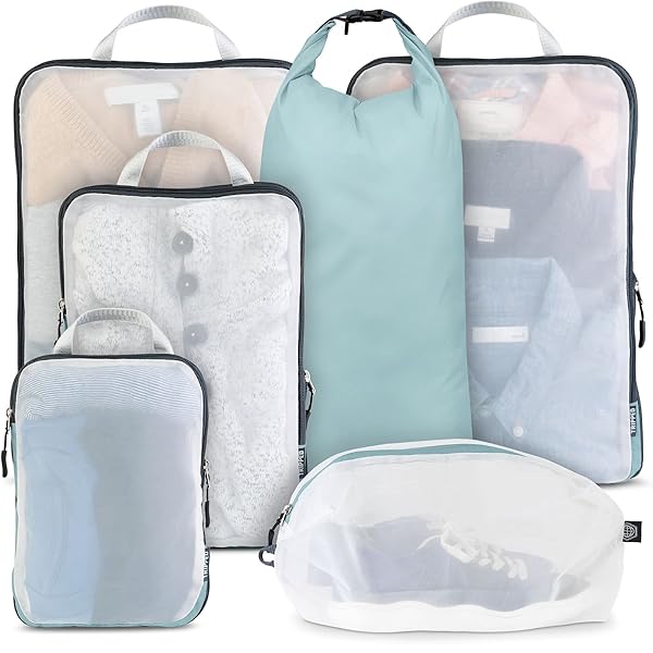 TRIPPED Travel Gear TRIPPED Travel Gear Large Packing Cube Set - Compression Organizers with See-Through Mesh in Dusty Teal - View 3 of 9