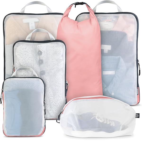 TRIPPED Travel Gear TRIPPED Travel Gear Large Packing Cube Set - Compression Organizers with See-Through Mesh in Dusty Rose