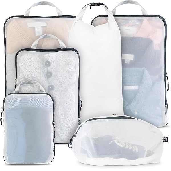 TRIPPED Travel Gear TRIPPED Travel Gear: Large Compression Packing Cube Set with See-Through Mesh for Organized Travel (White)