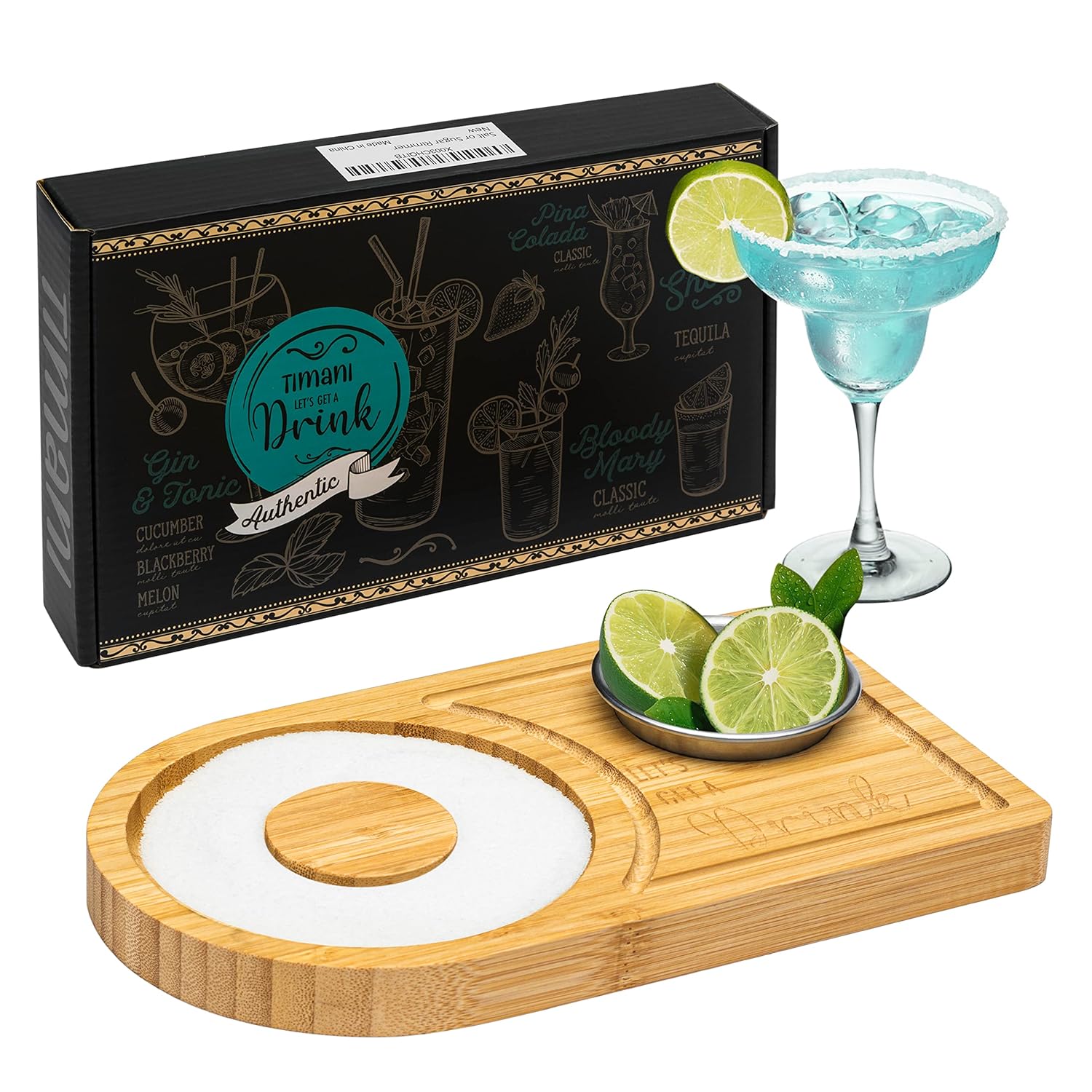 Timani Margarita Salt Rimmer Set Bamboo Wood Glass Rimmer Bartender Tool for Cocktails and Margaritas Fits Wide Glasses Up to 4.7 Inches