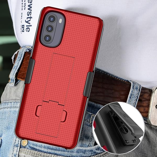 Nakedcellphone Buy Moto G 5G (2022) Case with Clip & Kickstand - Slim Hard Shell Cover & Belt Holster Combo for Motorola XT2213 - Red - View 8 of 11
