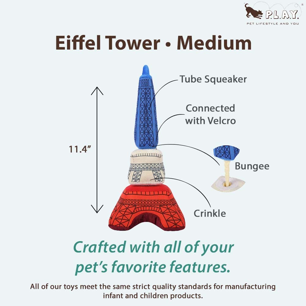 P.L.A.Y. PET LIFESTYLE AND YOU PL.A.Y Cute Plush Dog Toy Eiffel Tower Durable Squeaker Chew Toy for Puppies Small Medium Large Dogs Machine Washable Recycled Materials - View 2 of 4