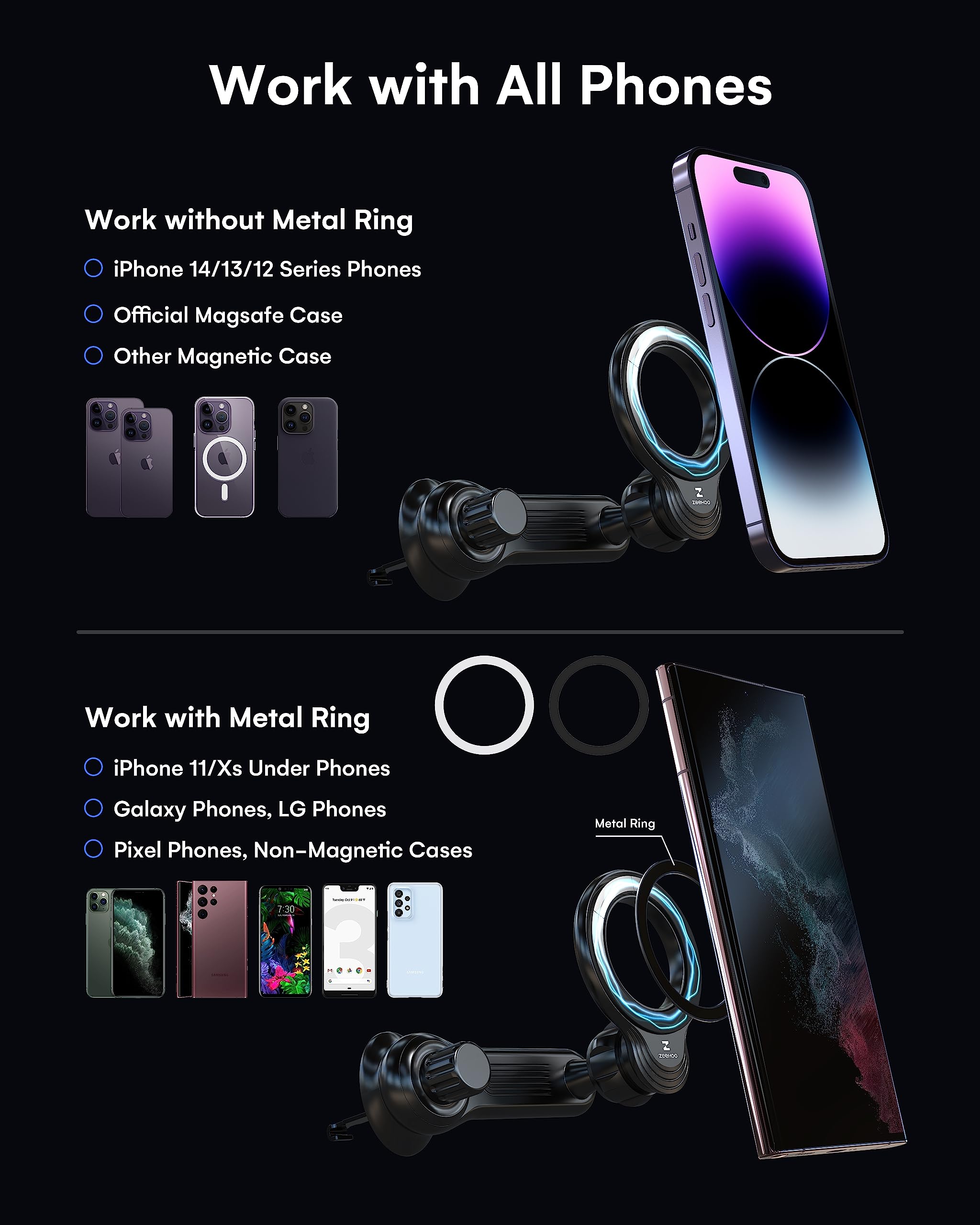 ZEEHOO Magnetic Phone Holder for Car Compatible with MagSafe 360 Rotation Non-Blocking Design for iPhone 15 14 13 12 Pro Max Mini - View 2 of 7