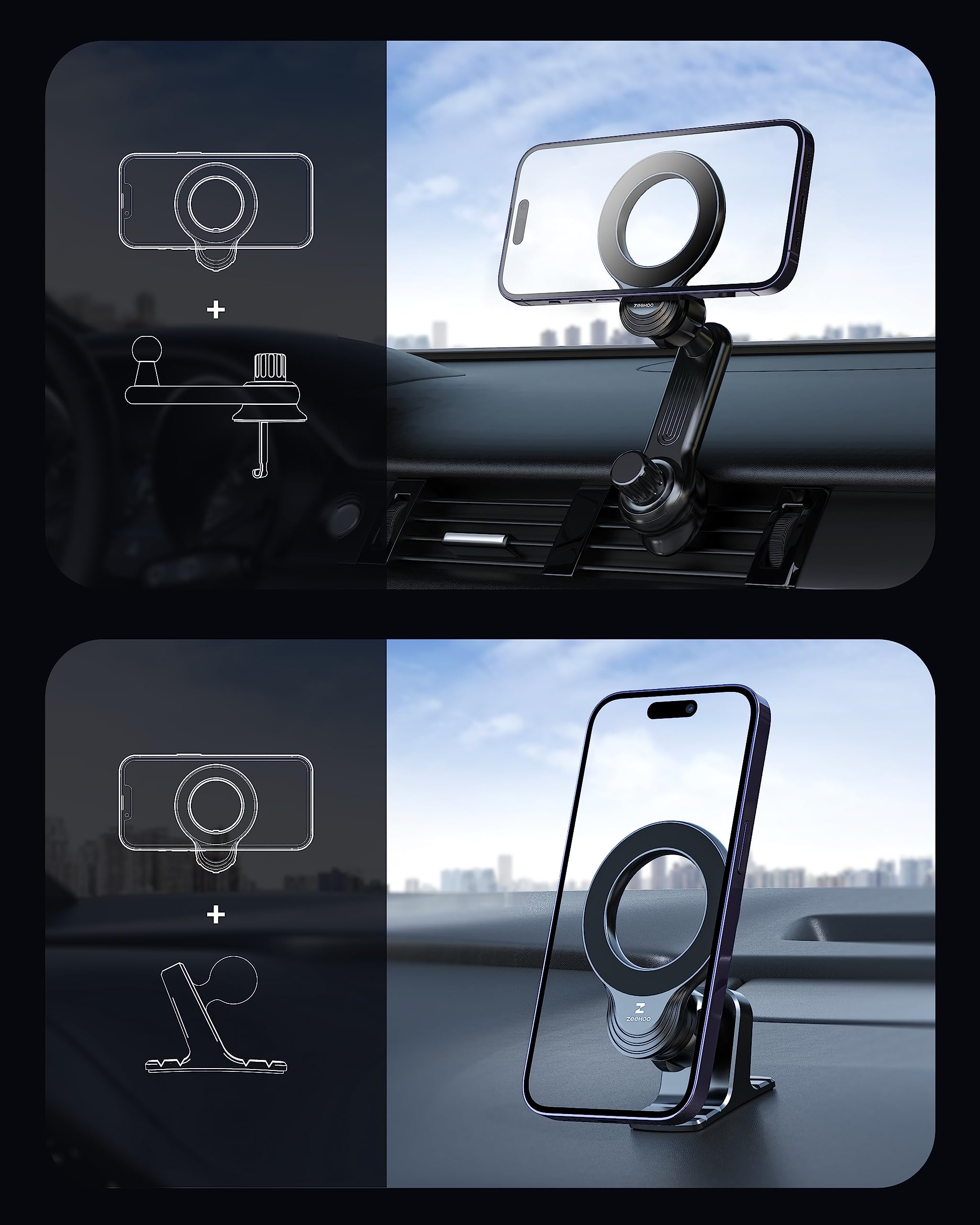 ZEEHOO Magnetic Phone Holder for Car Compatible with MagSafe 360 Rotation Non-Blocking Design for iPhone 15 14 13 12 Pro Max Mini - View 4 of 7