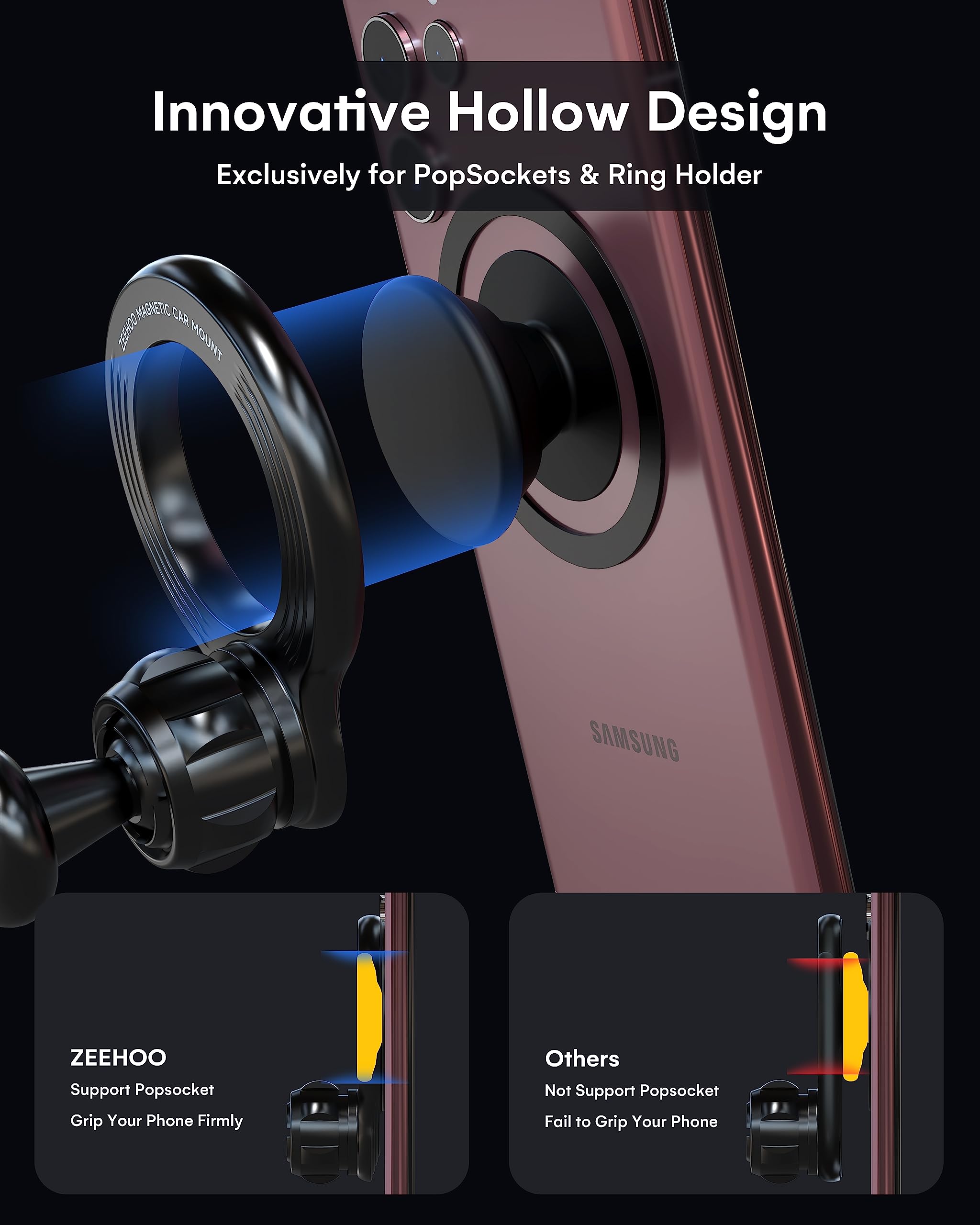 ZEEHOO Magnetic Phone Holder for Car Compatible with MagSafe 360 Rotation Non-Blocking Design for iPhone 15 14 13 12 Pro Max Mini - View 5 of 7