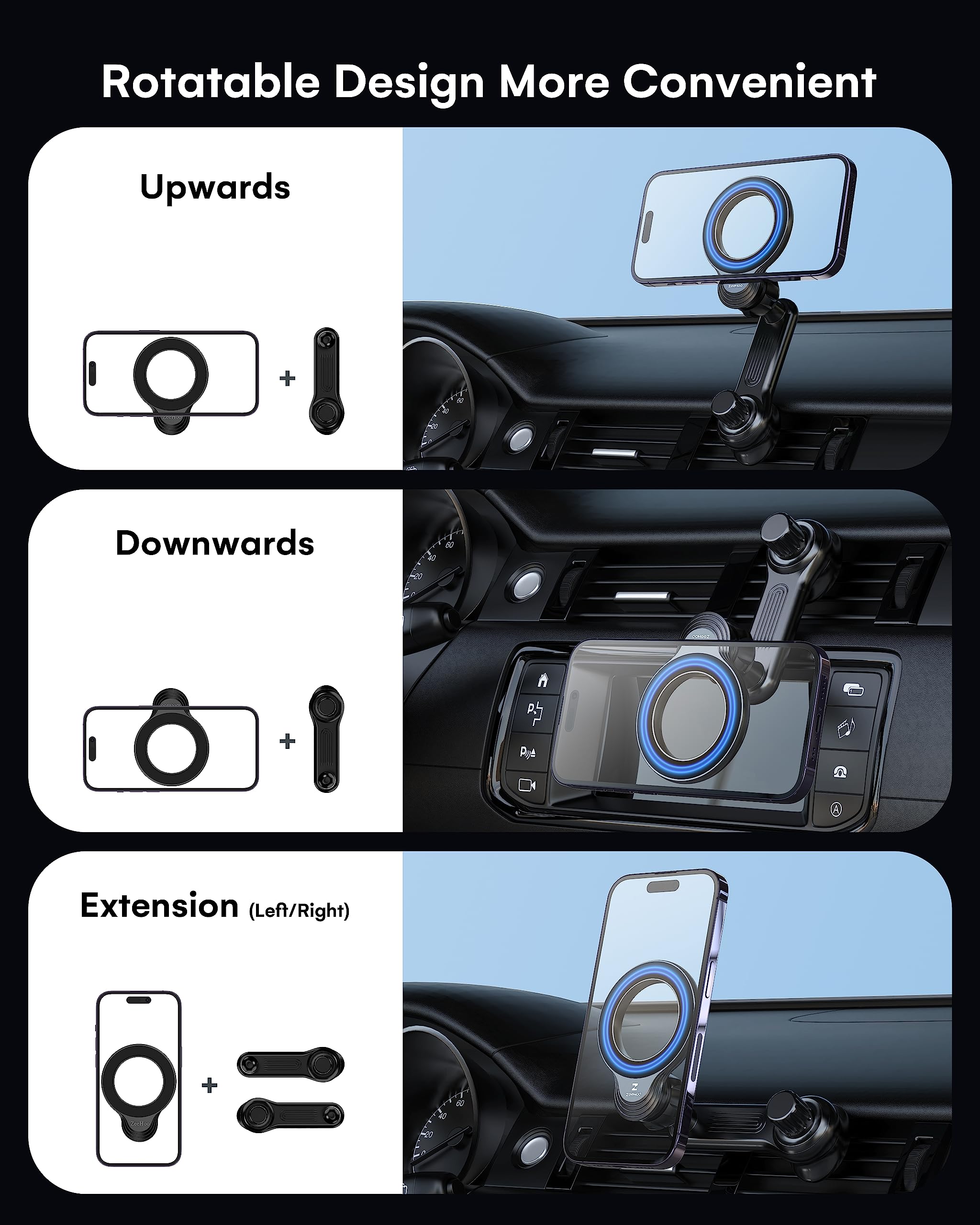 ZEEHOO Magnetic Phone Holder for Car Compatible with MagSafe 360 Rotation Non-Blocking Design for iPhone 15 14 13 12 Pro Max Mini - View 6 of 7