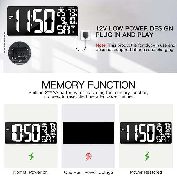 Xflyee Xflyee 18 Inch Oversized Digital Wall Clock with Remote Control Auto Dimming Temperature Date Day of Week Large Display Multi Functional White - View 7 of 9