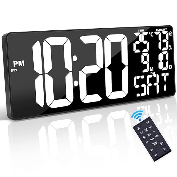 Xflyee Xflyee 18 Inch Oversized Digital Wall Clock with Remote Control Auto Dimming Temperature Date Day of Week Large Display Multi Functional White