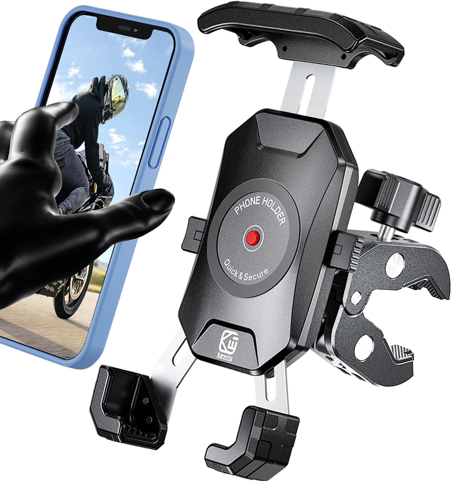 Kewig Motorcycle Phone Mount Quick Install Handlebar Clamp for iPhone 14 Plus Pro Max Galaxy S10 and More 4.0-7.0 Inch Phones