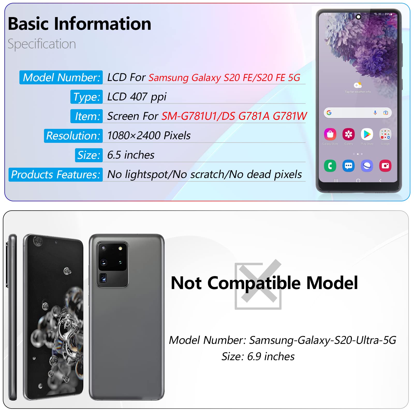 YWLRONG Samsung Galaxy S20 FE 2022 Screen Replacement LCD Touch Display Digitizer Assembly Black with Frame and Tools - View 3 of 7