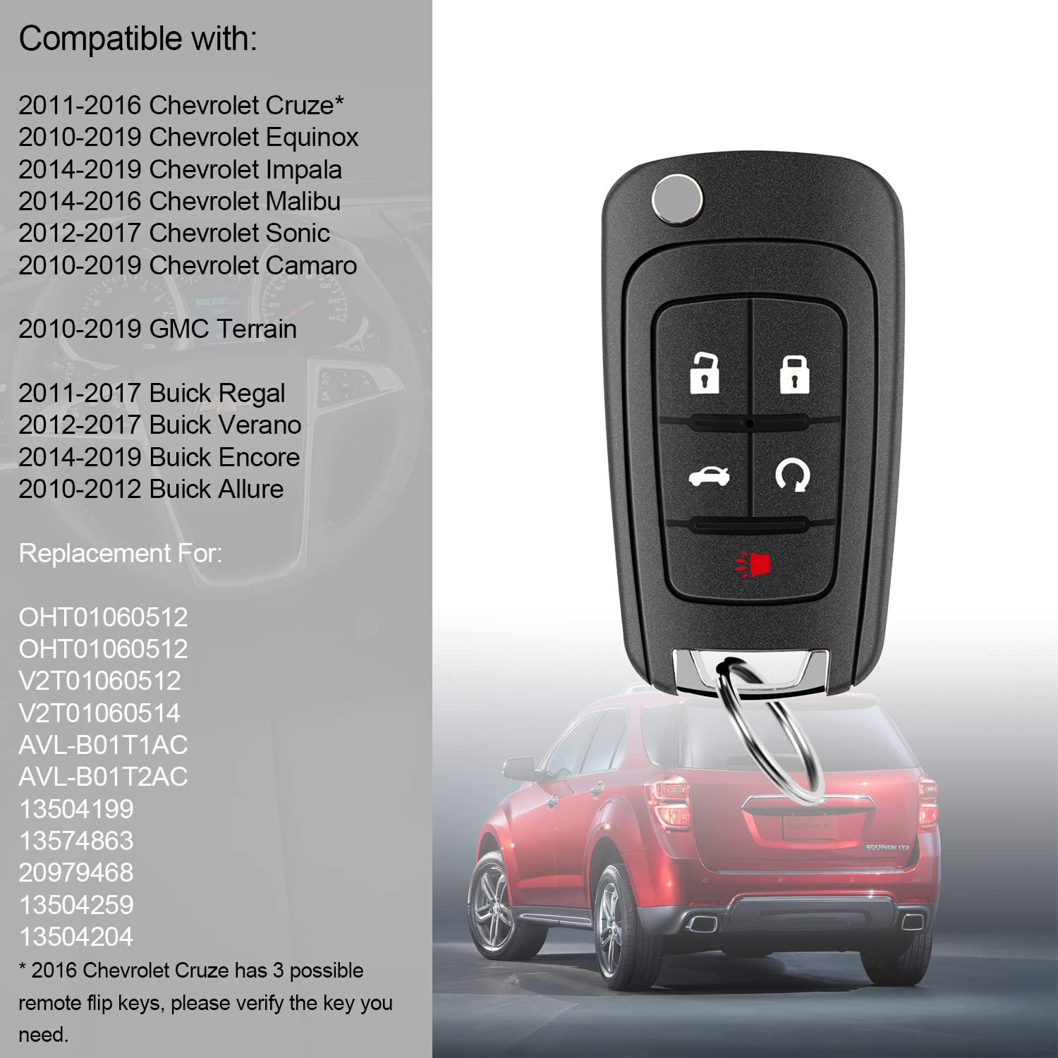 5 Button Flip Key Fob Replacement for Chevy Equinox Camaro Cruze Malibu Impala Sonic GMC Terrain Buick Lacrosse Pack of 2 - View 2 of 6