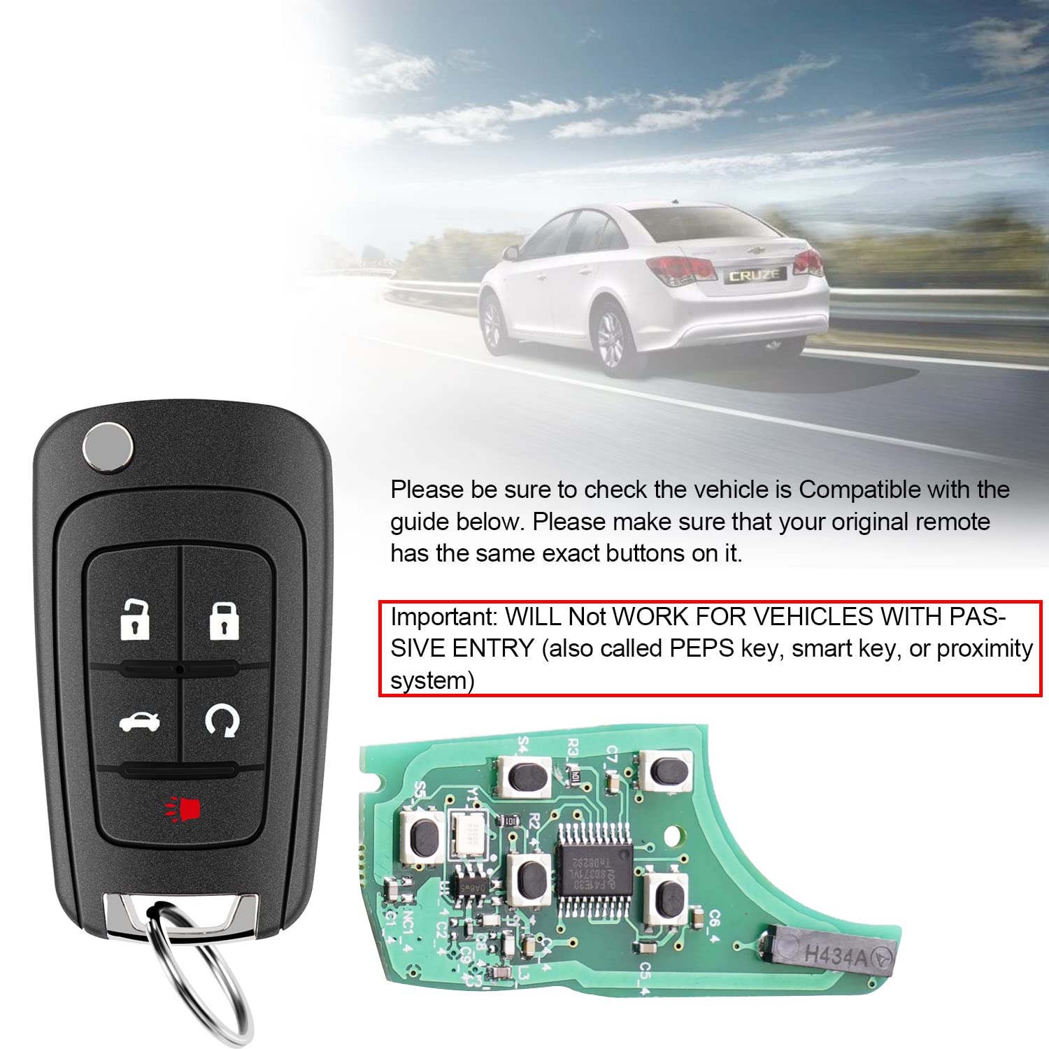 5 Button Flip Key Fob Replacement for Chevy Equinox Camaro Cruze Malibu Impala Sonic GMC Terrain Buick Lacrosse Pack of 2 - View 3 of 6