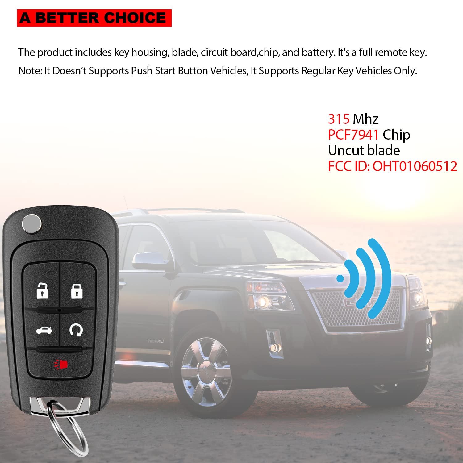 5 Button Flip Key Fob Replacement for Chevy Equinox Camaro Cruze Malibu Impala Sonic GMC Terrain Buick Lacrosse Pack of 2 - View 6 of 6