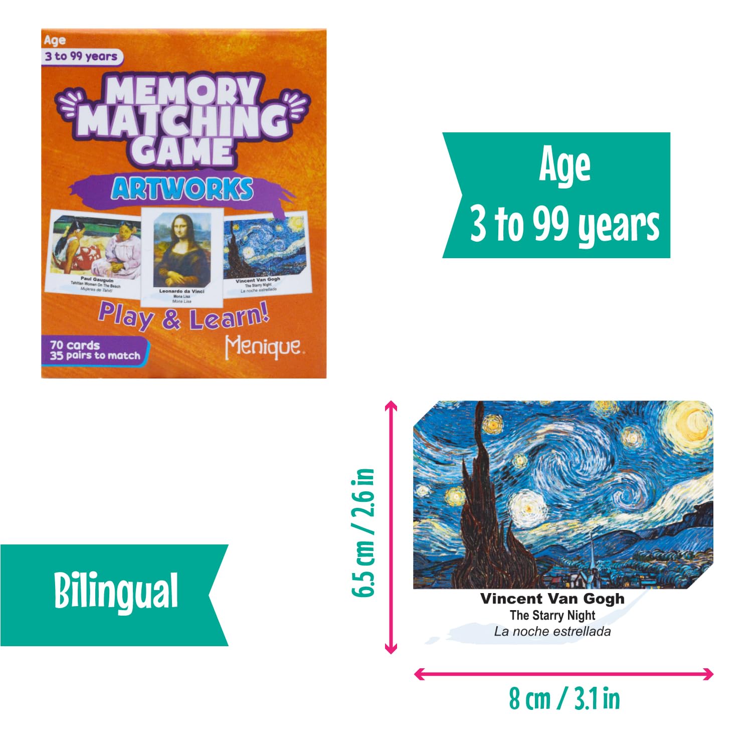 Menique Menique Memory Matching Game Featuring Famous Paintings for Adults and Children 70 Cards 35 Pairs Educational Fun for 2 to 10 Players - View 3 of 9