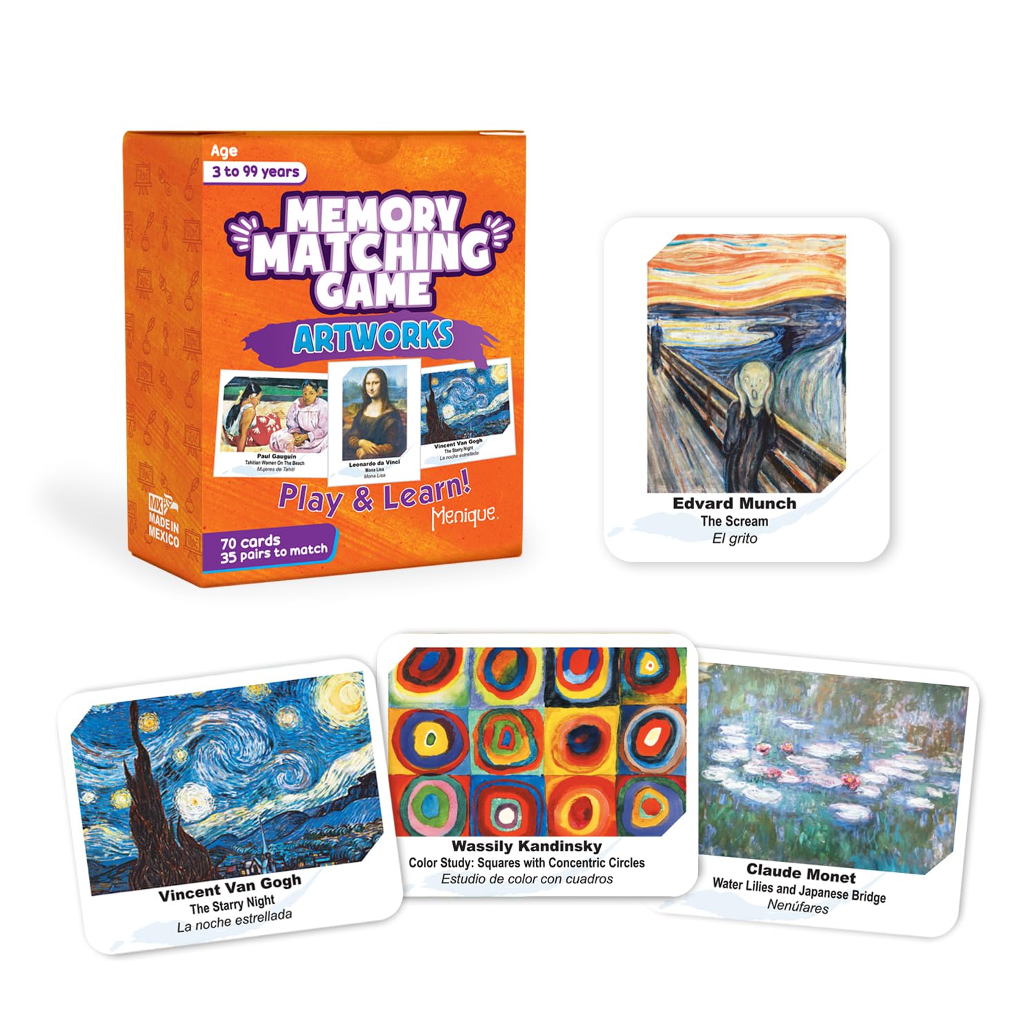 Menique Menique Memory Matching Game Featuring Famous Paintings for Adults and Children 70 Cards 35 Pairs Educational Fun for 2 to 10 Players