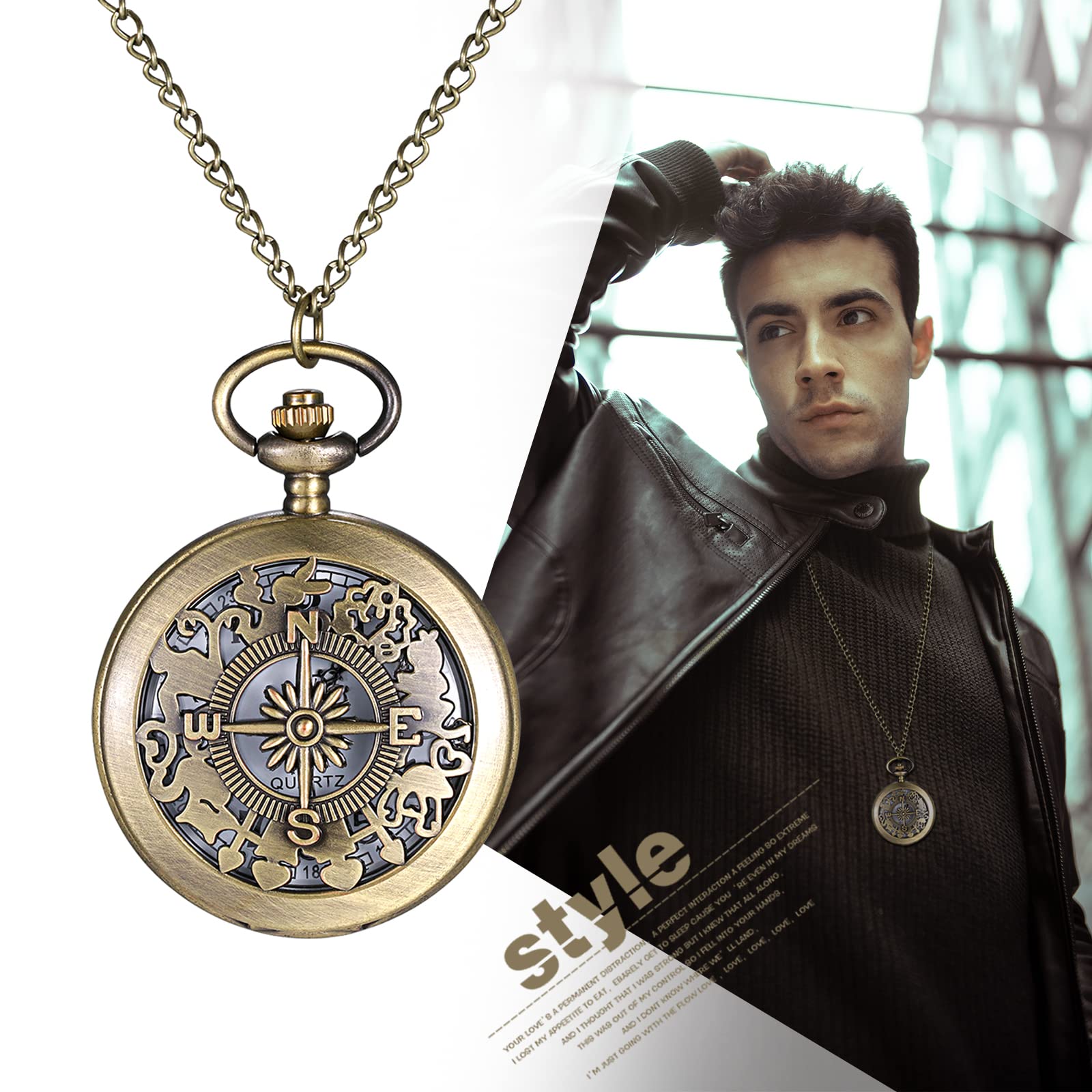 Lancardo Antique Bronze Pocket Watch Vintage Unisex Hollow Out Astrolabe Carving Arabic Markers with Chain for Halloween Costume Retro - View 4 of 7