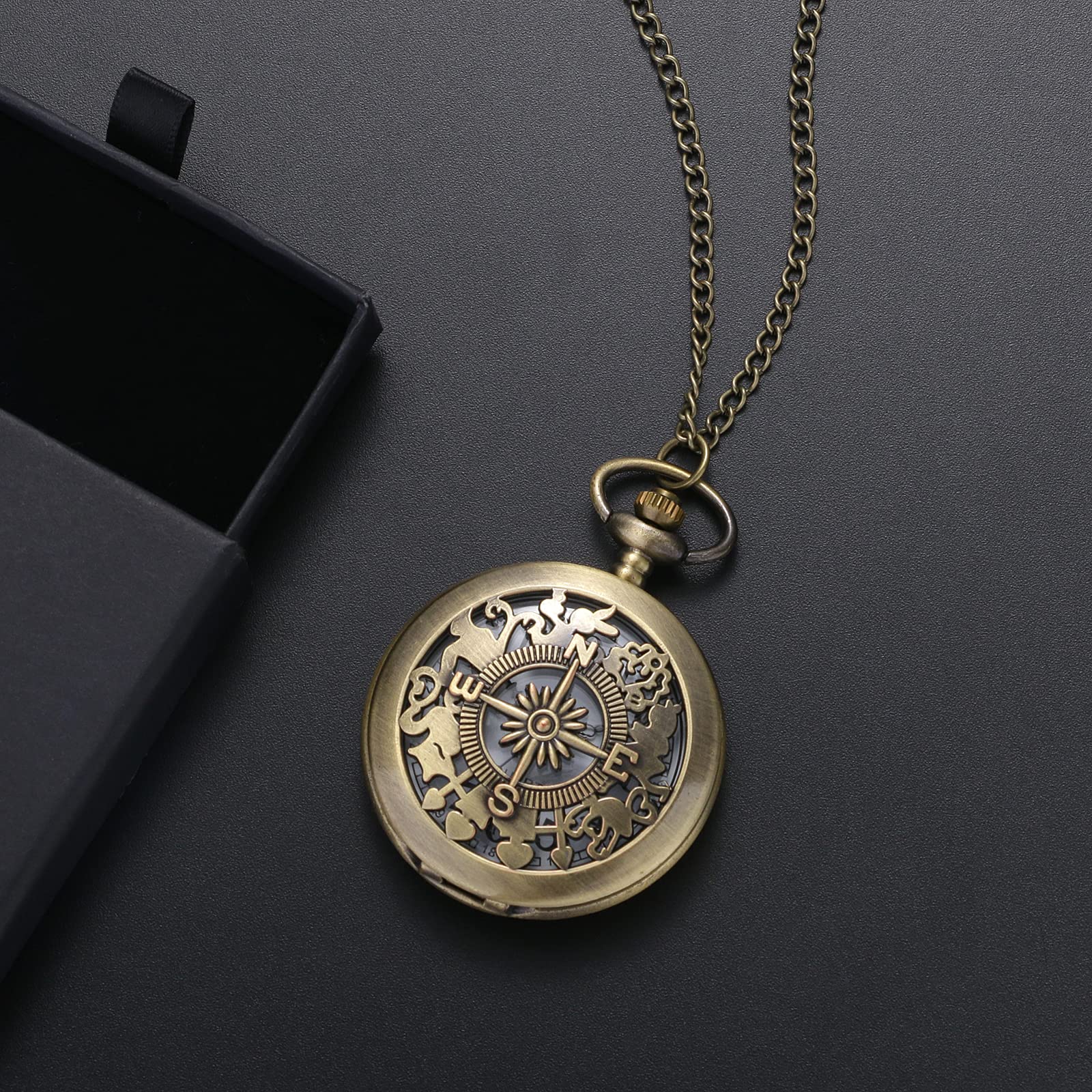 Lancardo Antique Bronze Pocket Watch Vintage Unisex Hollow Out Astrolabe Carving Arabic Markers with Chain for Halloween Costume Retro - View 5 of 7