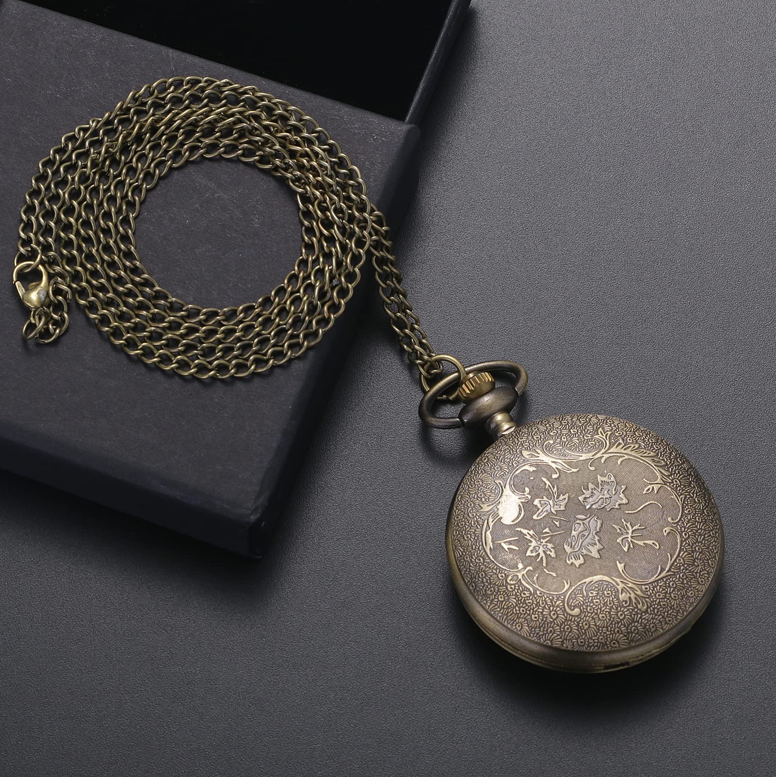 Lancardo Antique Bronze Pocket Watch Vintage Unisex Hollow Out Astrolabe Carving Arabic Markers with Chain for Halloween Costume Retro - View 6 of 7