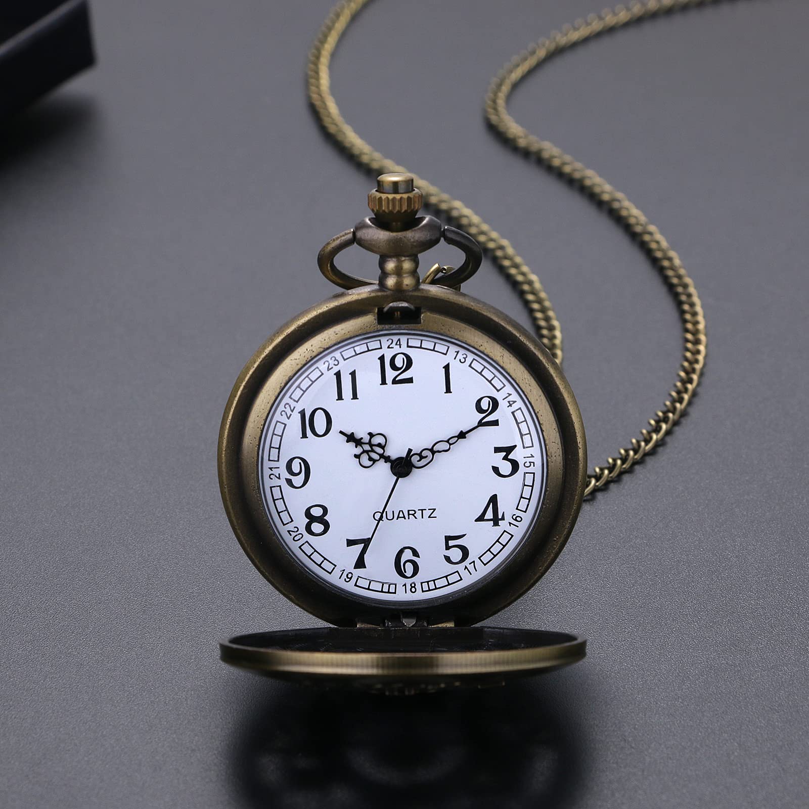 Lancardo Antique Bronze Pocket Watch Vintage Unisex Hollow Out Astrolabe Carving Arabic Markers with Chain for Halloween Costume Retro - View 7 of 7