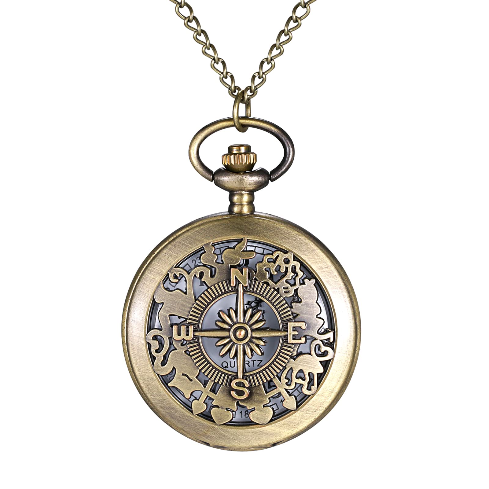 Lancardo Antique Bronze Pocket Watch Vintage Unisex Hollow Out Astrolabe Carving Arabic Markers with Chain for Halloween Costume Retro