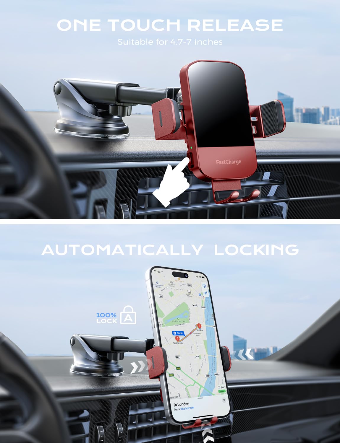 CHGeek CHGeek Wireless Car Charger 15W Fast Charging Auto Clamping Phone Mount for iPhone 15 14 13 12 11 Pro Max Samsung Galaxy S24 S23 S22 S21 S20 S10+ Red - View 4 of 9