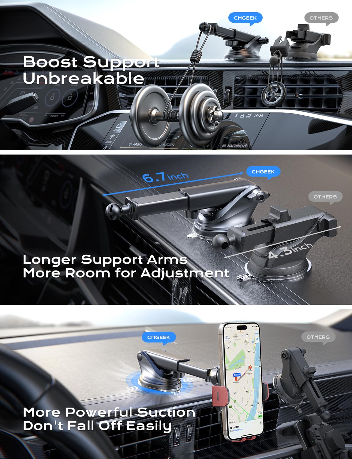 CHGeek CHGeek Wireless Car Charger 15W Fast Charging Auto Clamping Phone Mount for iPhone 15 14 13 12 11 Pro Max Samsung Galaxy S24 S23 S22 S21 S20 S10+ Red - View 5 of 9