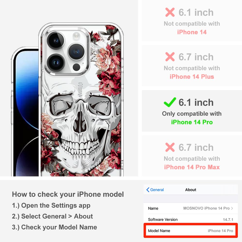 MOSNOVO iPhone 14 Pro Case Transparent TPU Bumper Floral Skull Design 6.6 ft Drop Impact Anti Peel Off Tech 6.1 Inch Cover - View 2 of 6