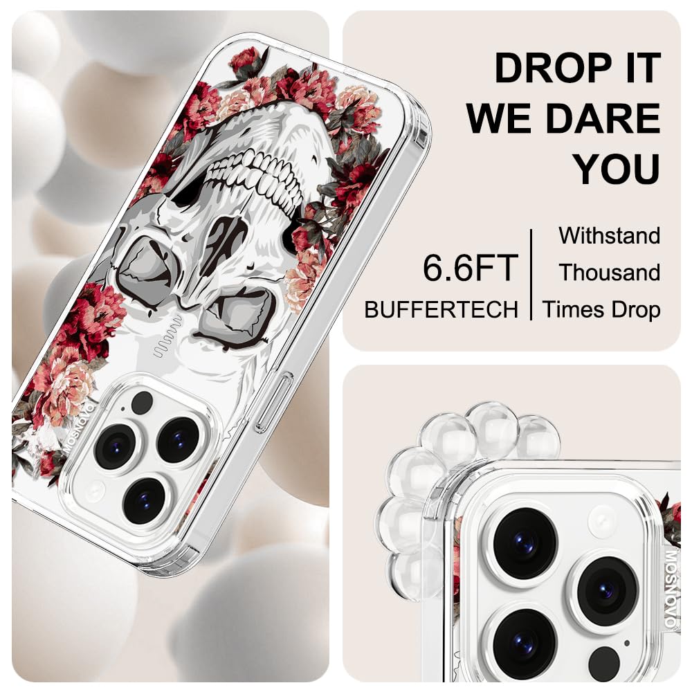 MOSNOVO iPhone 14 Pro Case Transparent TPU Bumper Floral Skull Design 6.6 ft Drop Impact Anti Peel Off Tech 6.1 Inch Cover - View 5 of 6