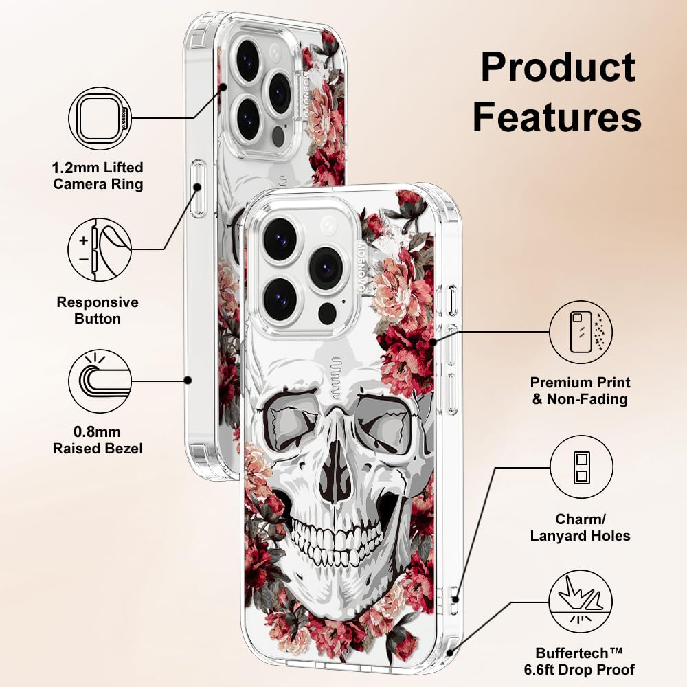 MOSNOVO iPhone 14 Pro Case Transparent TPU Bumper Floral Skull Design 6.6 ft Drop Impact Anti Peel Off Tech 6.1 Inch Cover - View 6 of 6