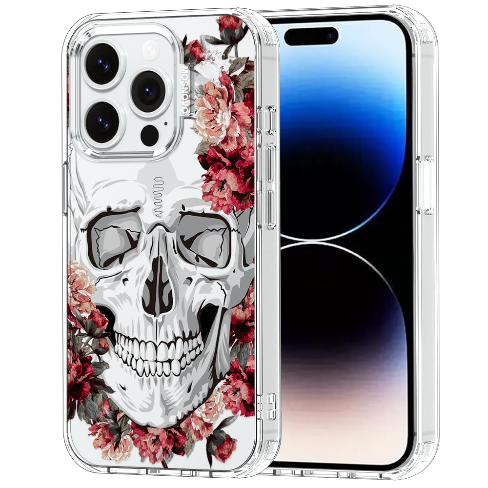 MOSNOVO iPhone 14 Pro Case Transparent TPU Bumper Floral Skull Design 6.6 ft Drop Impact Anti Peel Off Tech 6.1 Inch Cover