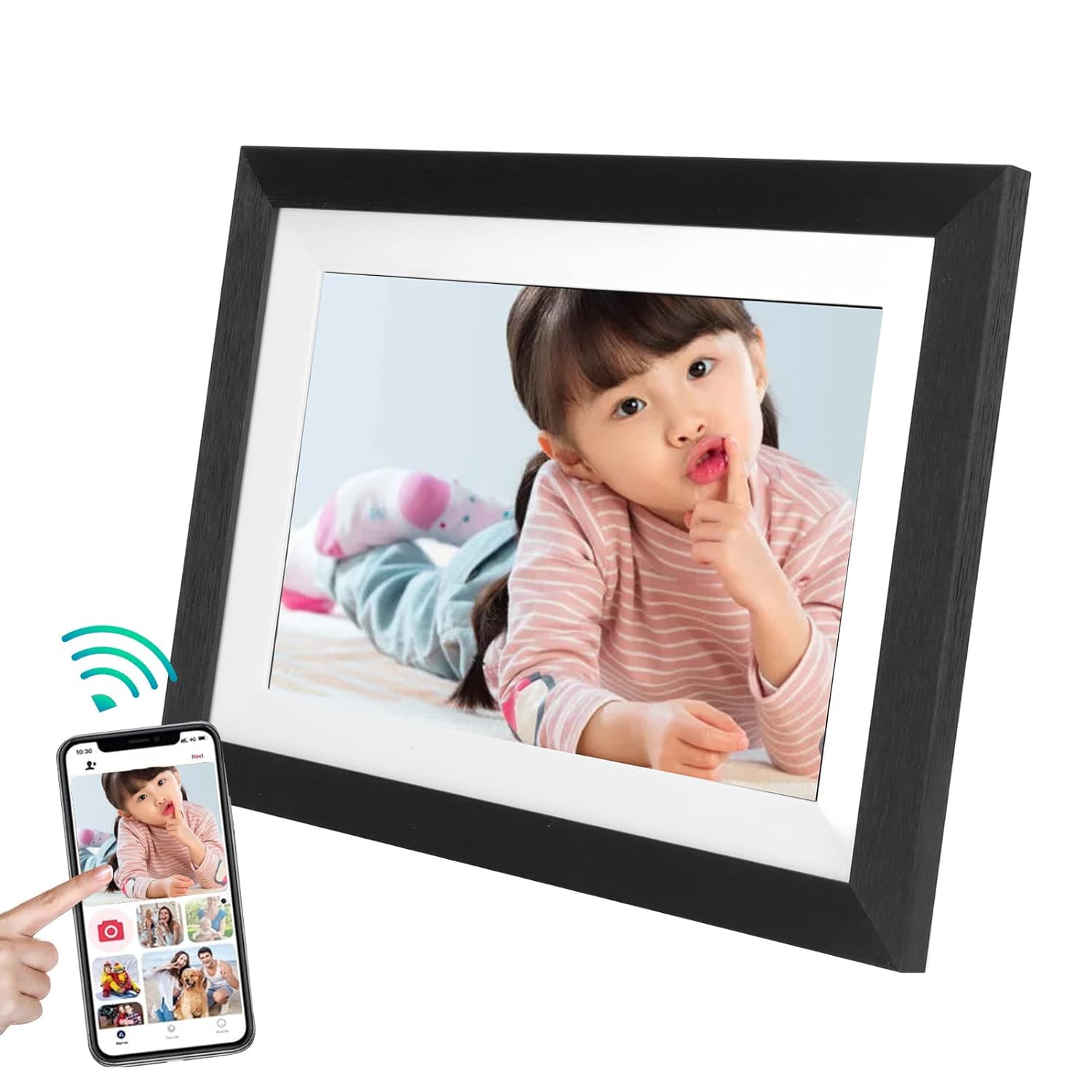 10.1 Inch Digital Picture Frame HD Touch Screen Smart Cloud Photo Frame 12GB Memory Auto Rotating Share Moments via Frameo APP Black Wood