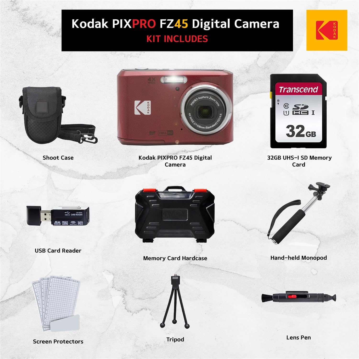 PHOTO4LESS Kodak PIXPRO FZ45 Digital Camera Bundle with 32GB Card Case Monopod Cleaning Pen Screen Protectors and Tripod Red - View 2 of 8