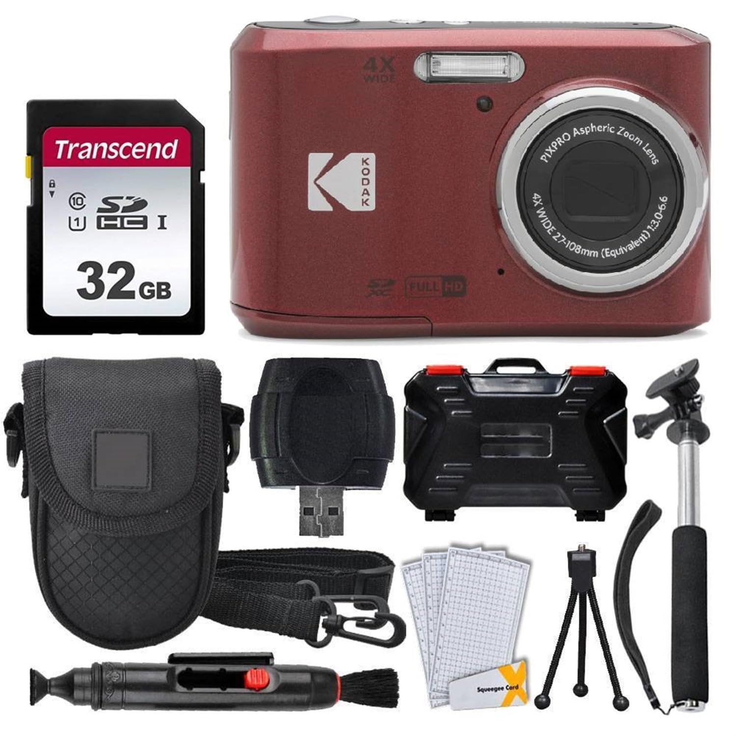 PHOTO4LESS Kodak PIXPRO FZ45 Digital Camera Bundle with 32GB Card Case Monopod Cleaning Pen Screen Protectors and Tripod Red