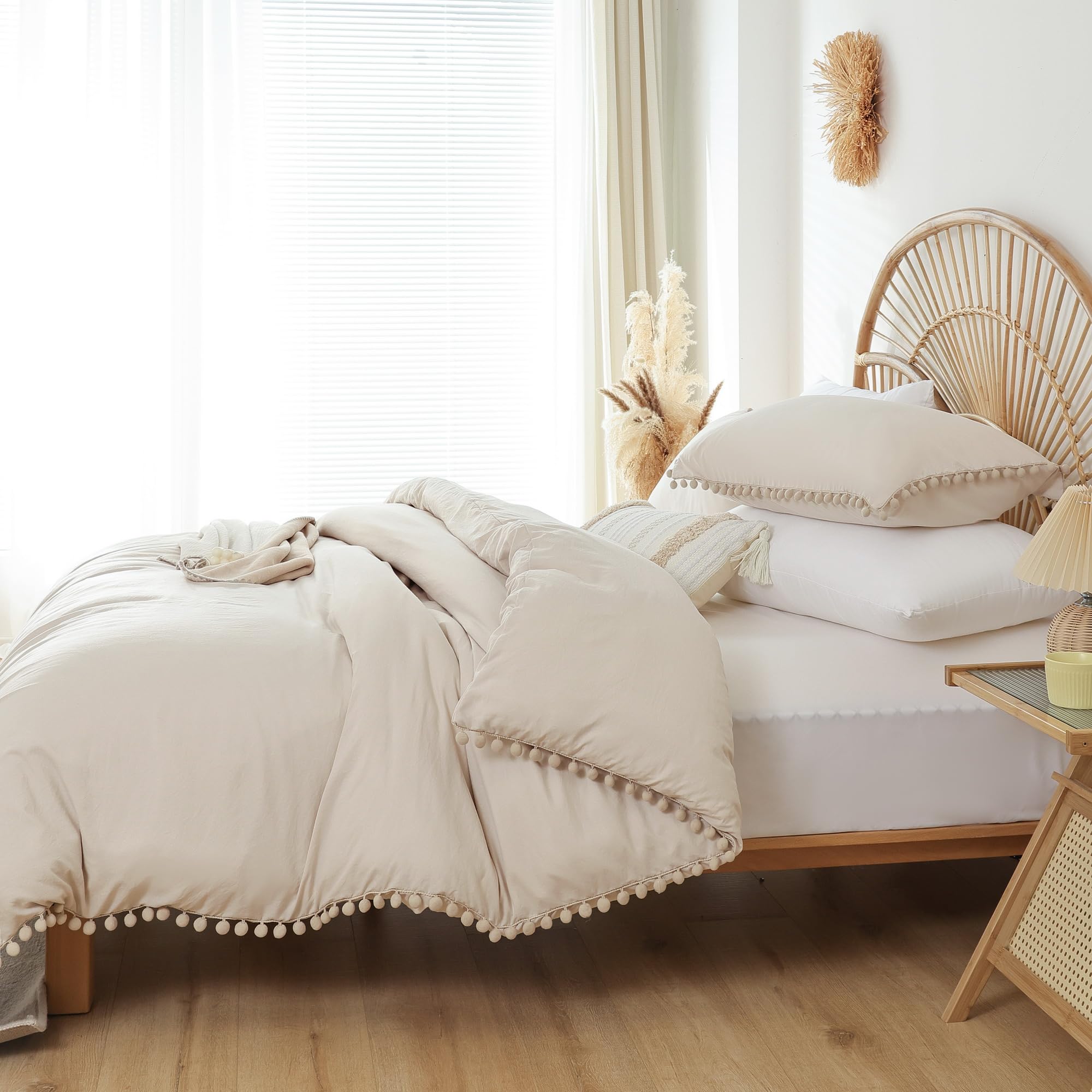 YIRDDEO YIRDDEO Queen Comforter Set Soft Bedding 3 Pieces with Ball Pom Fringe All Seasons Beige 90x90 Comforter and 2 Pillow Shams - View 3 of 7