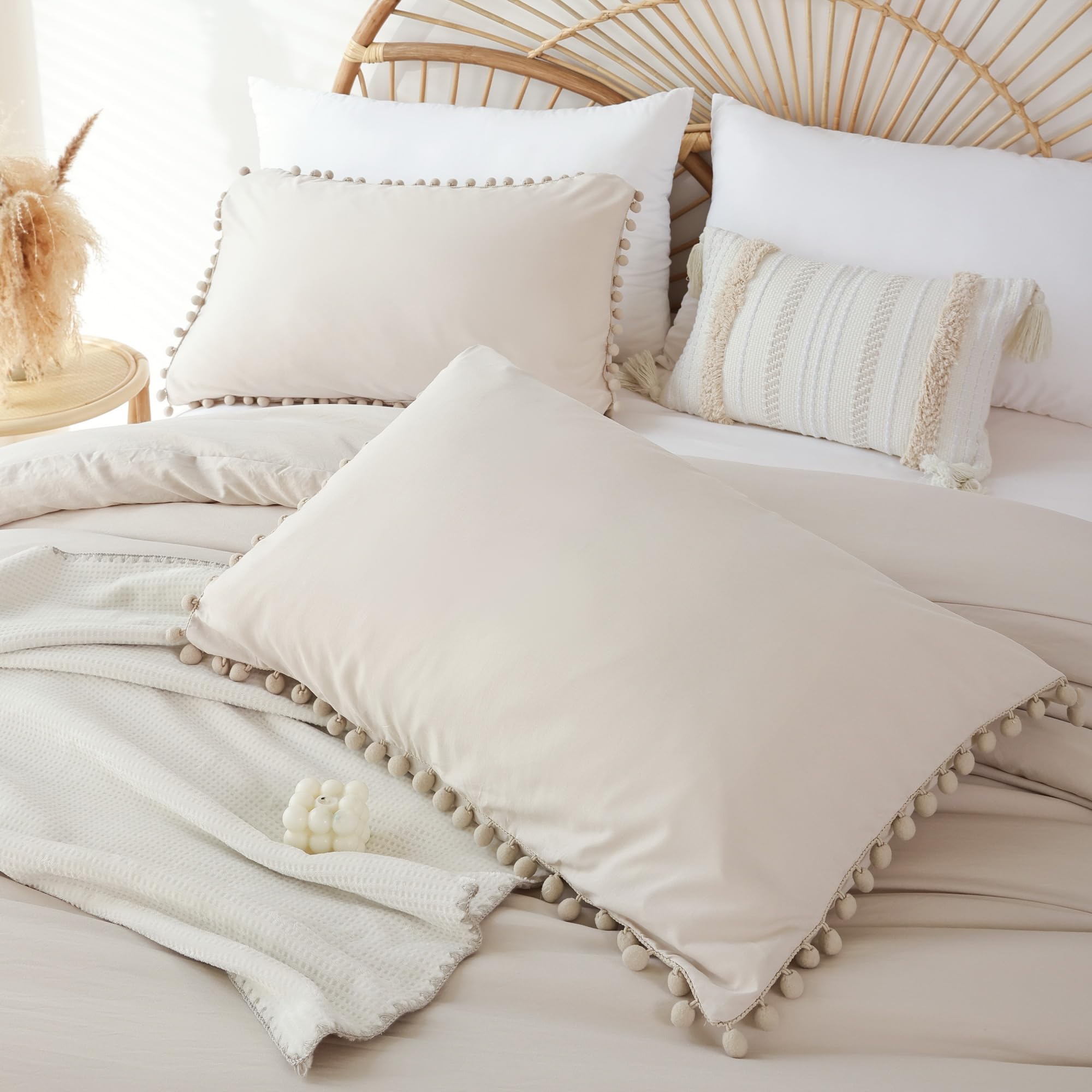 YIRDDEO YIRDDEO Queen Comforter Set Soft Bedding 3 Pieces with Ball Pom Fringe All Seasons Beige 90x90 Comforter and 2 Pillow Shams - View 5 of 7